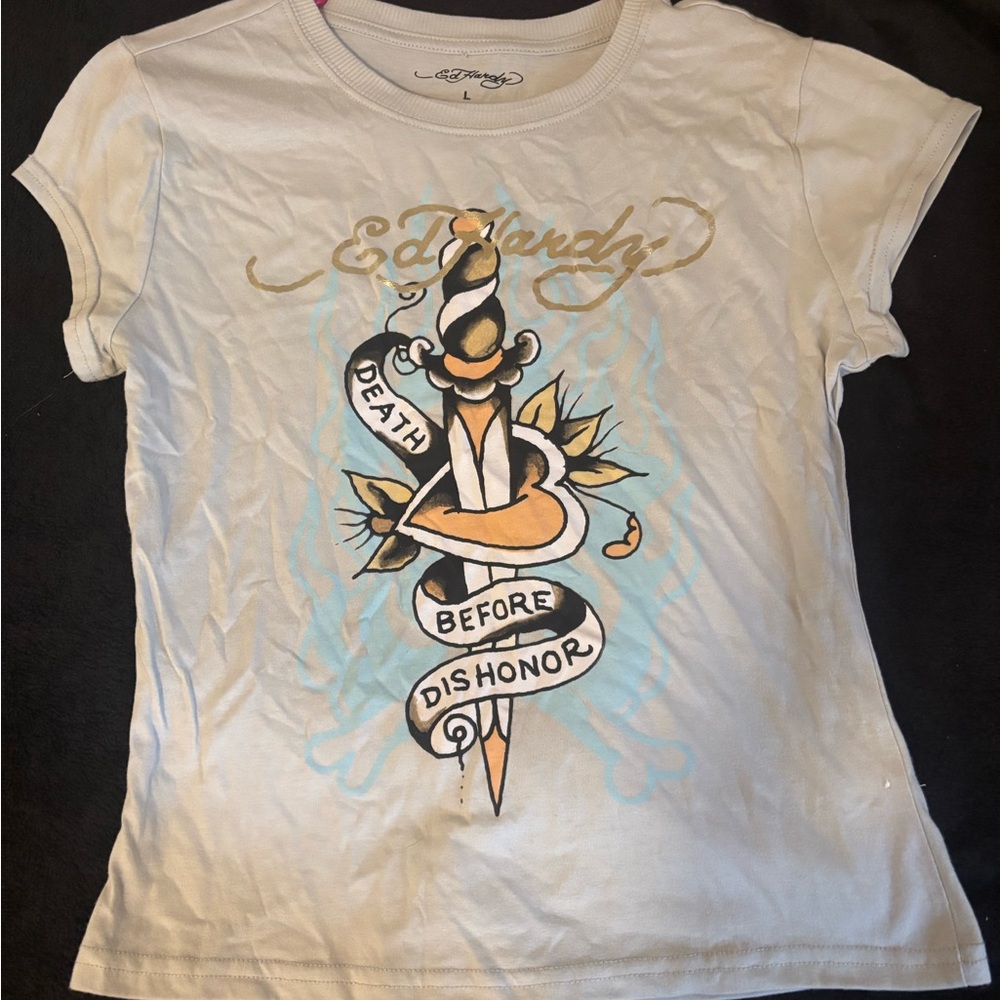 Ed Hardy White Tee with Gold Accents